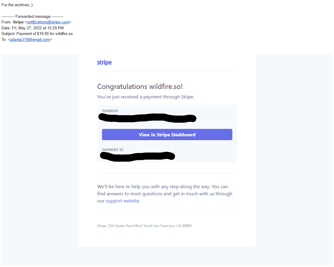 First Stripe payment notification screenshot